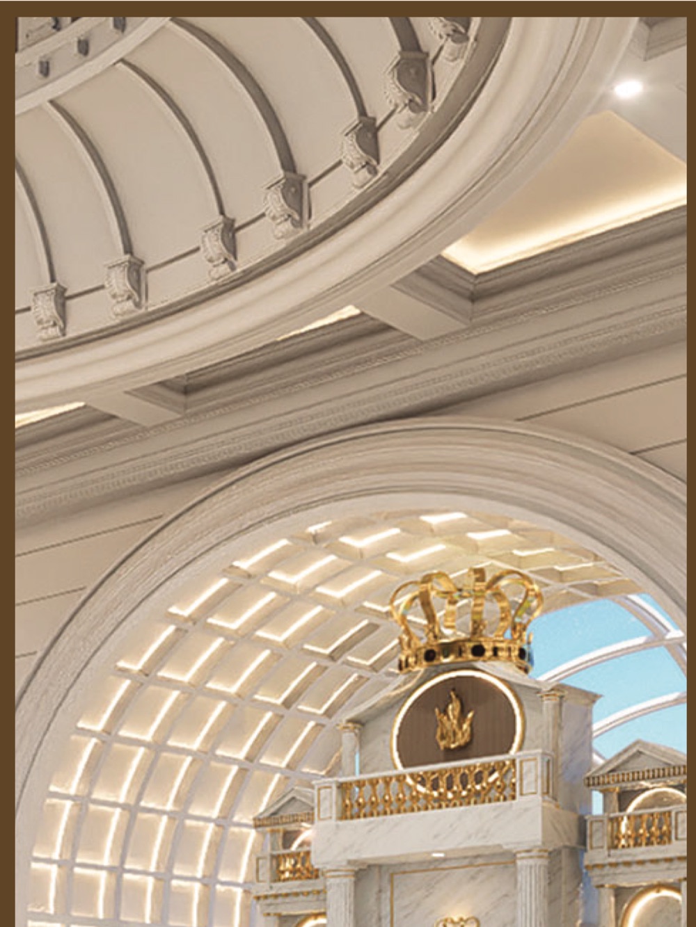 The interior of a beis medrash with a domed ceiling and a marble aron kodesh